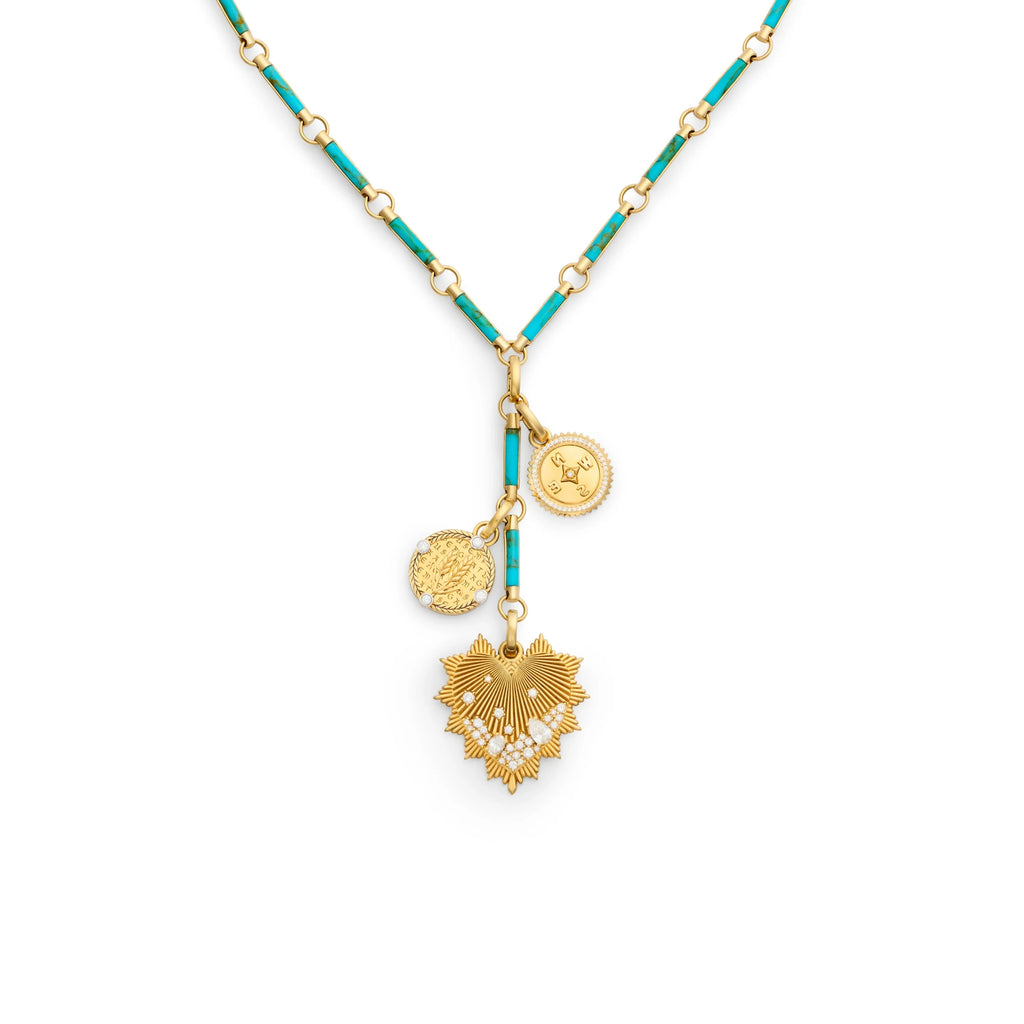 True Love - Infinite Gratitude | Encrusted Heart Love Token and Braided Wheat Element Extension Necklace | Diamonds, Turquoise, Yellow Gold view 1