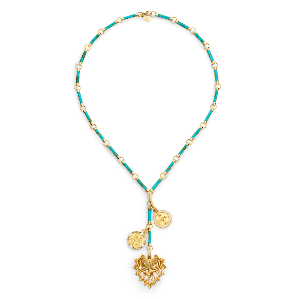 18K Yellow Gold True Love - Infinite Gratitude | Encrusted Heart Love Token and Braided Wheat Element Extension Necklace | Diamonds, Turquoise, Yellow Gold – FoundRae view 3