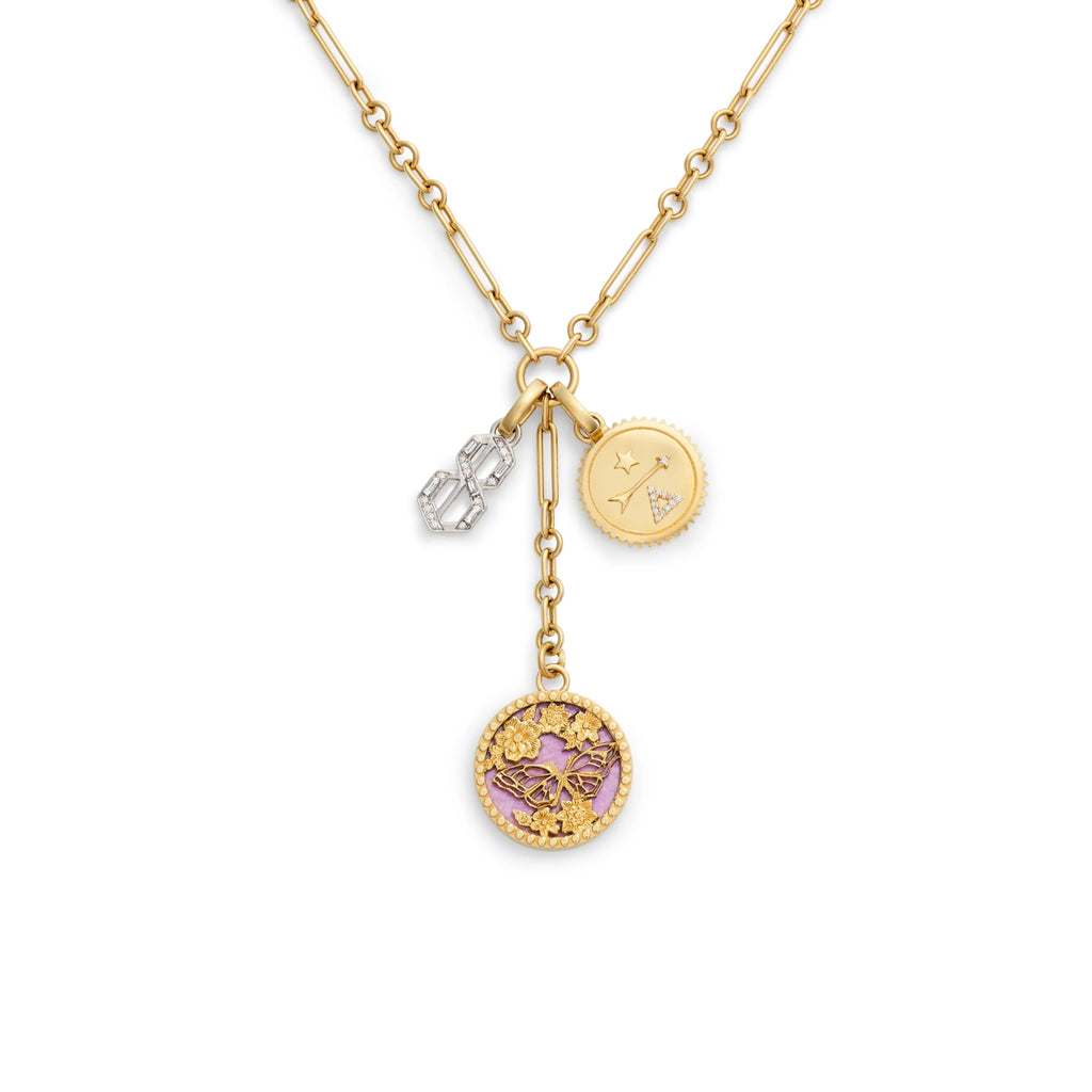 Personalized - Reverie | Butterfly Screen on Stone and Initial Fine Mixed Clip Extension Necklace | Diamonds, Phosphosiderite, Mixed Gold view 1