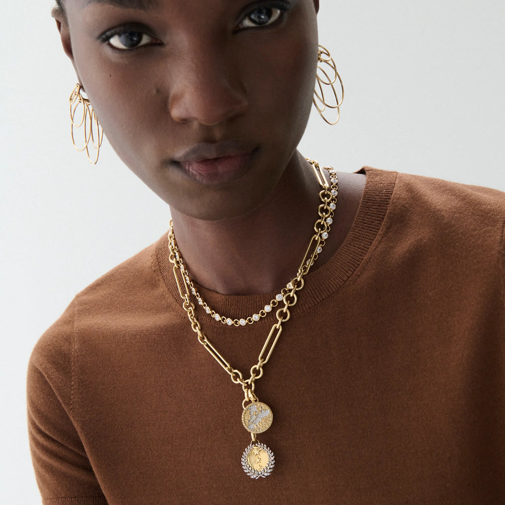 Dream - Resilience | Per Aspera Ad Astra and Pavé Floral Screen Midsize Mixed Clip Extension Necklace | Diamonds, Yellow Gold view 2