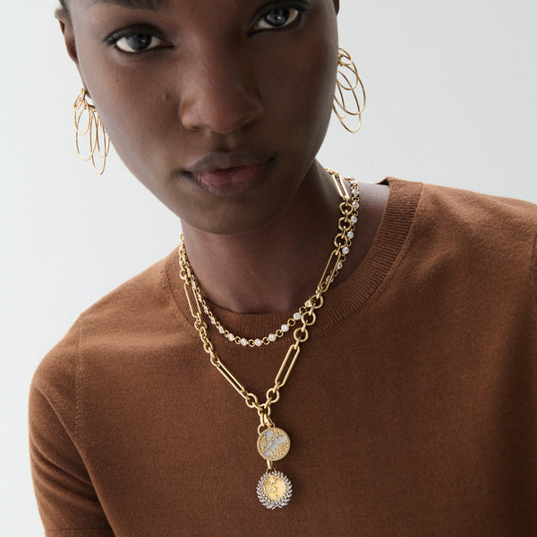 Dream - Resilience | Per Aspera Ad Astra and Pavé Floral Screen Midsize Mixed Clip Extension Necklace | Diamonds, Yellow Gold