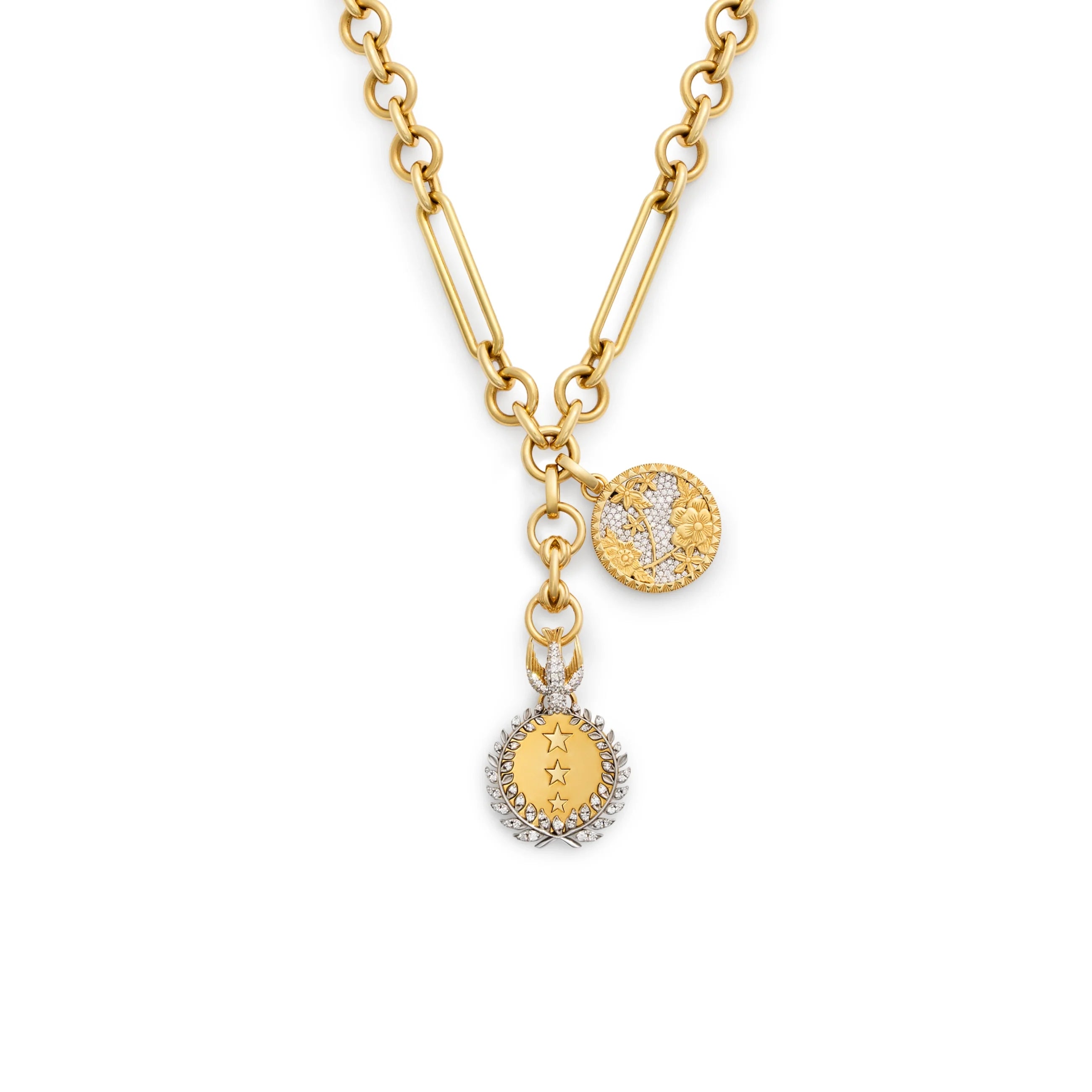 dream - resilience | per aspera ad astra and pavé floral screen midsize mixed clip extension necklace | diamonds, yellow gold