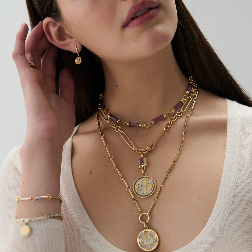 18K Yellow Gold Personalized - True Love | Custom Lovestruck Pierced and Cache Link Midsize Mixed Clip Necklace | Diamonds, Amethyst, Yellow Gold – FoundRae view 4