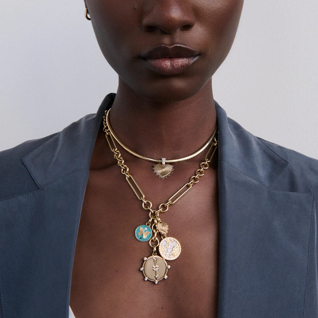 Personalized - True Love | Engravable Heart at Peace and Pavé Floral Screen Midsize Mixed Clip Extension Necklace | Diamonds, Aqua Ceramic, Yellow Gold view 2