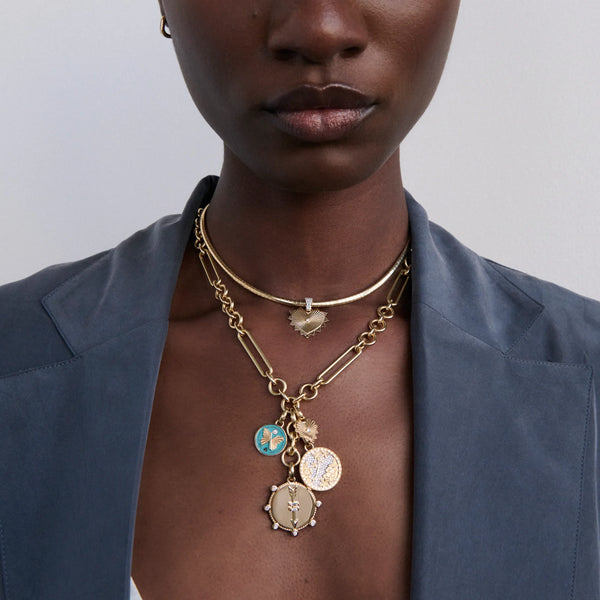 Personalized - True Love | Engravable Heart at Peace and Pavé Floral Screen Midsize Mixed Clip Extension Necklace | Diamonds, Aqua Ceramic, Yellow Gold