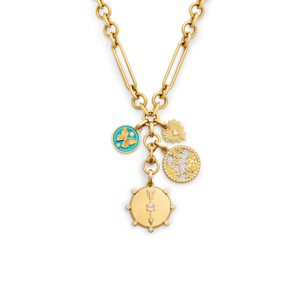 Personalized - True Love | Engravable Heart at Peace and Pavé Floral Screen Midsize Mixed Clip Extension Necklace | Diamonds, Aqua Ceramic, Yellow Gold view 1