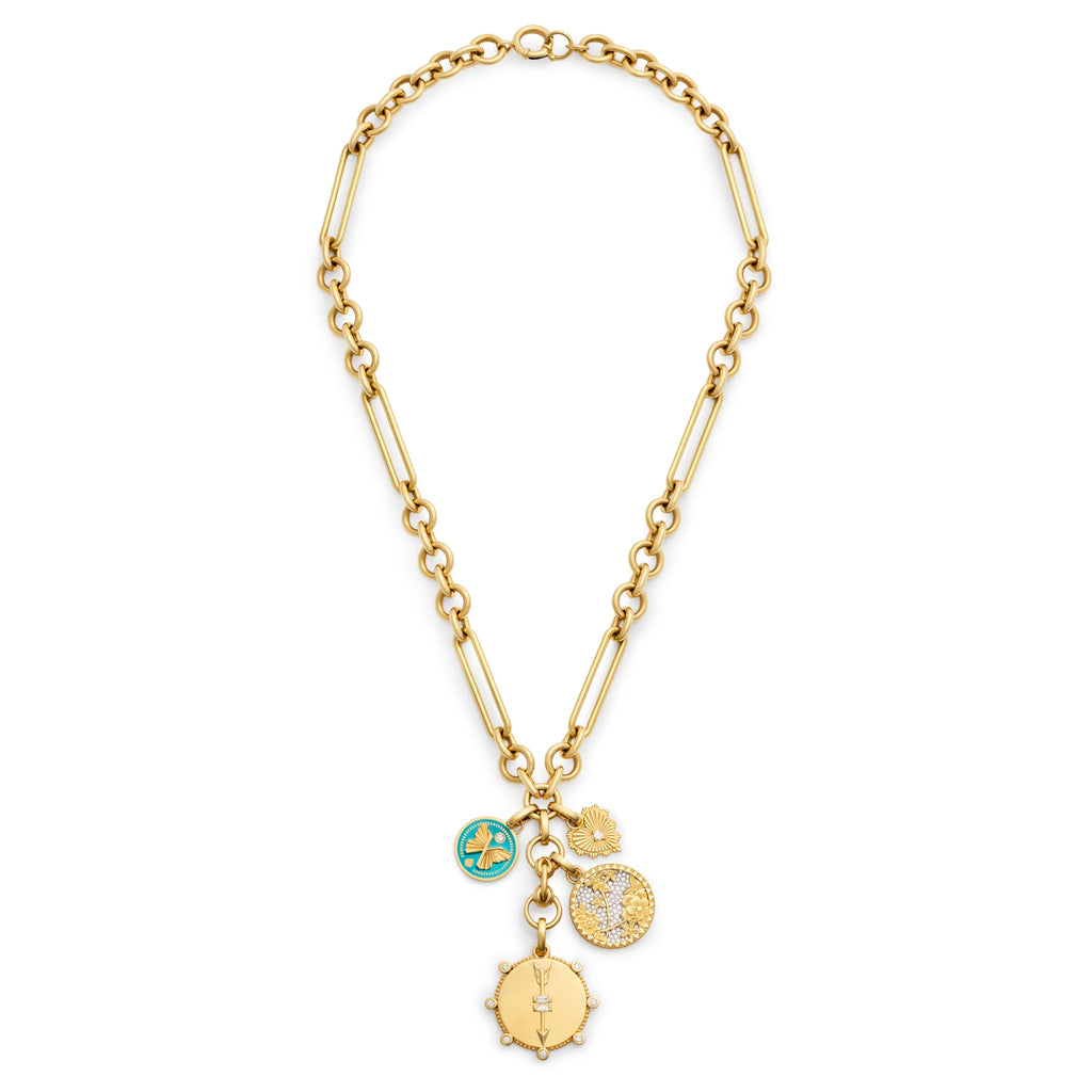 18K Yellow Gold Personalized - True Love | Engravable Heart at Peace and Pavé Floral Screen Midsize Mixed Clip Extension Necklace | Diamonds, Aqua Ceramic, Yellow Gold – FoundRae view 3