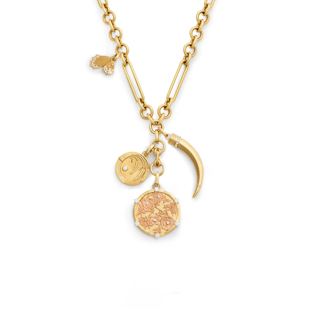 Resilience - Infinite Gratitude | Floral Screen and Braided Wheat Midsize Mixed Clip Necklace | Diamonds, Mixed Gold view 1