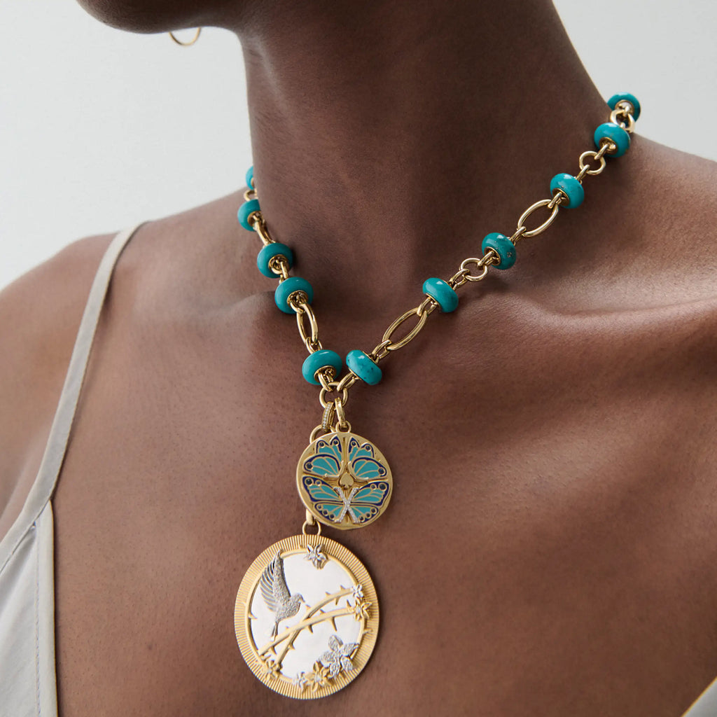 Resilience - Reverie | Sparrow and Butterfly Orbit Stone Extension Necklace | Turquoise, Diamonds, Aqua Ceramic, Mixed Gold view 2