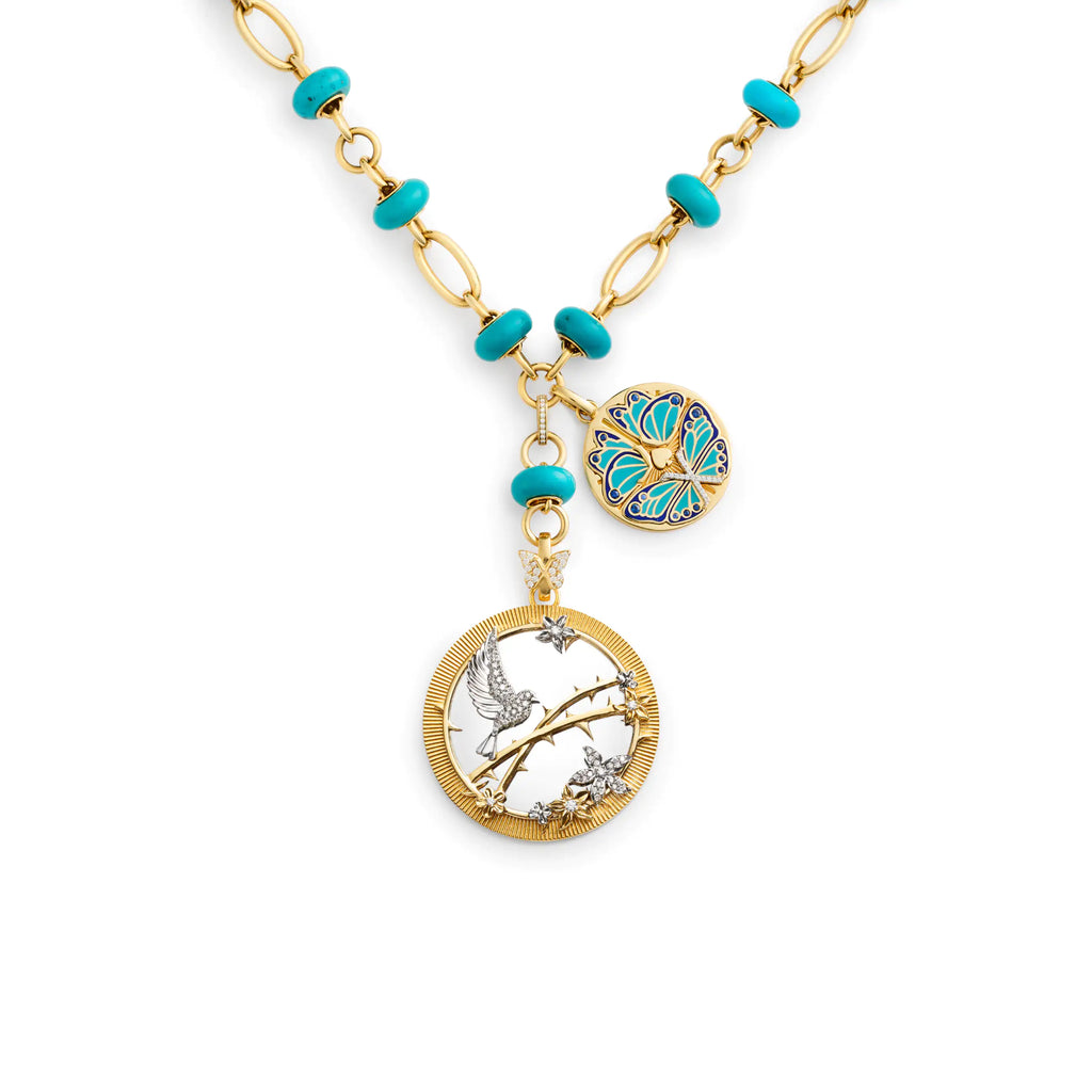 Resilience - Reverie | Sparrow and Butterfly Orbit Stone Extension Necklace | Turquoise, Diamonds, Aqua Ceramic, Mixed Gold view 1