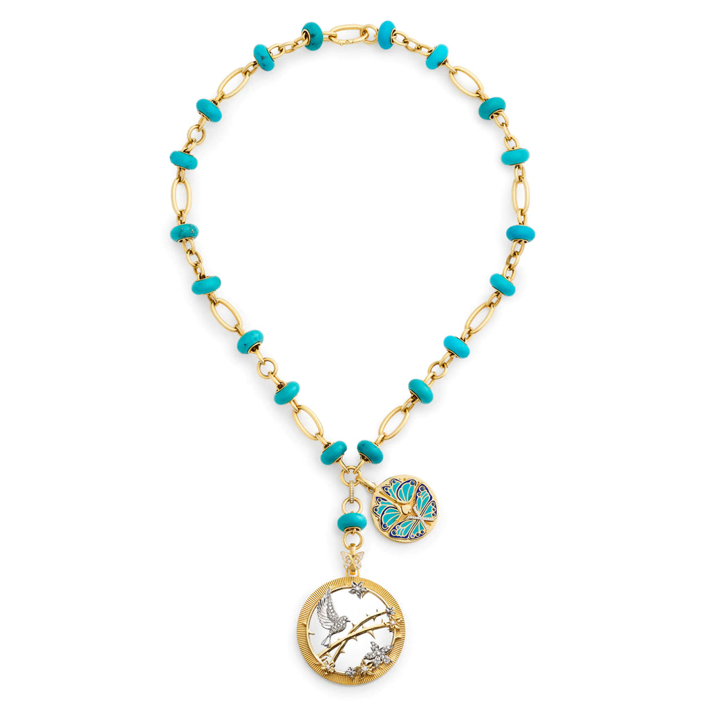 18K Mixed Gold Resilience - Reverie | Sparrow and Butterfly Orbit Stone Extension Necklace | Turquoise, Diamonds, Aqua Ceramic, Mixed Gold – FoundRae view 3