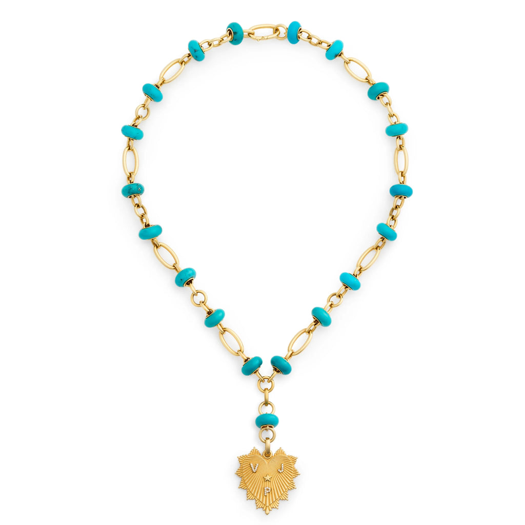 18K Yellow Gold Personalized - True Love | Custom Heart Love Token Orbit Stone Extension Necklace | Turquoise, Diamonds, Yellow Gold – FoundRae view 3