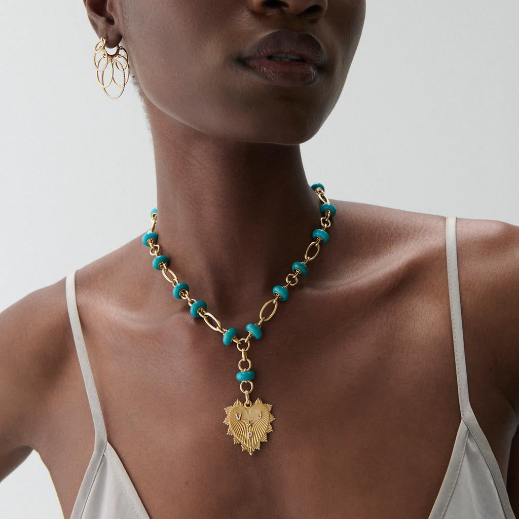 Personalized - True Love | Custom Heart Love Token Orbit Stone Extension Necklace | Turquoise, Diamonds, Yellow Gold view 2