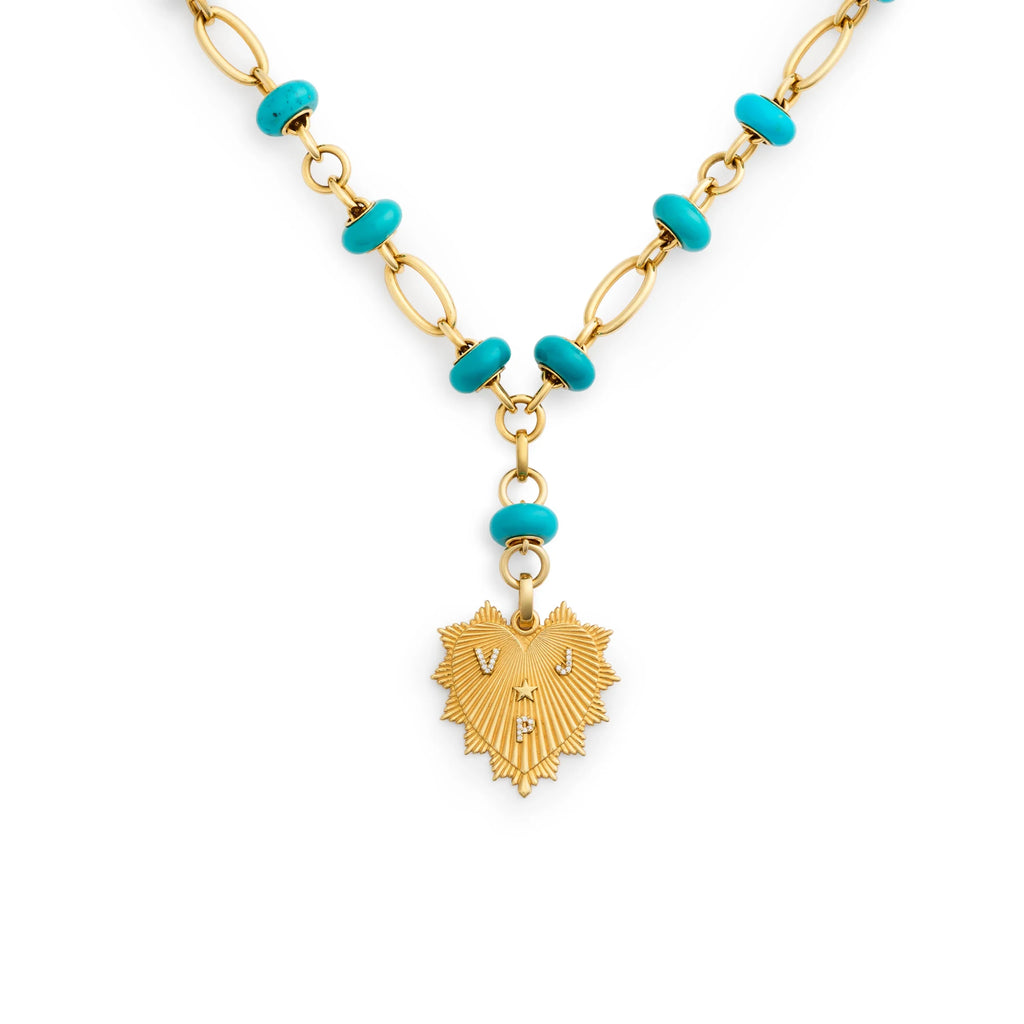 Personalized - True Love | Custom Heart Love Token Orbit Stone Extension Necklace | Turquoise, Diamonds, Yellow Gold view 1