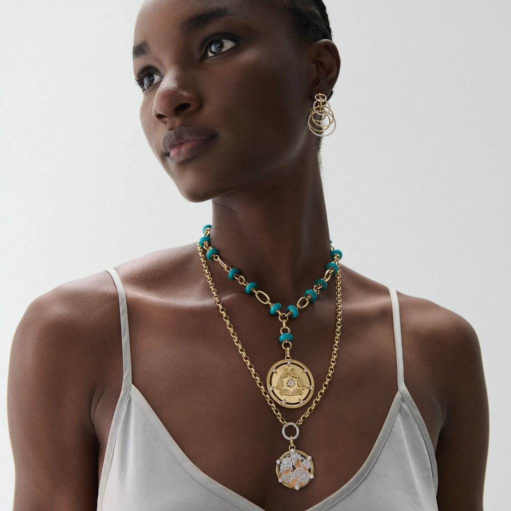 Reverie | Butterfly Triskele Orbit Stone Extension Necklace | Turquoise, Diamonds, Yellow Gold view 2