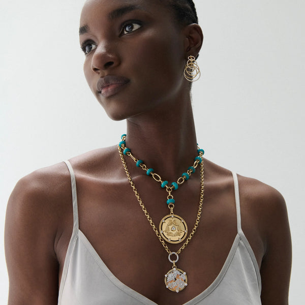 Reverie | Butterfly Triskele Orbit Stone Extension Necklace | Turquoise, Diamonds, Yellow Gold