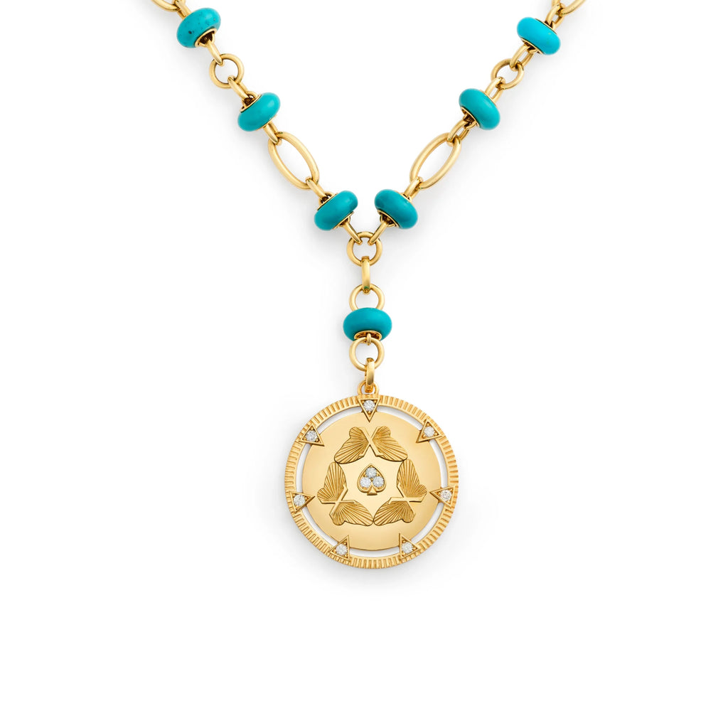 Reverie | Butterfly Triskele Orbit Stone Extension Necklace | Turquoise, Diamonds, Yellow Gold view 1