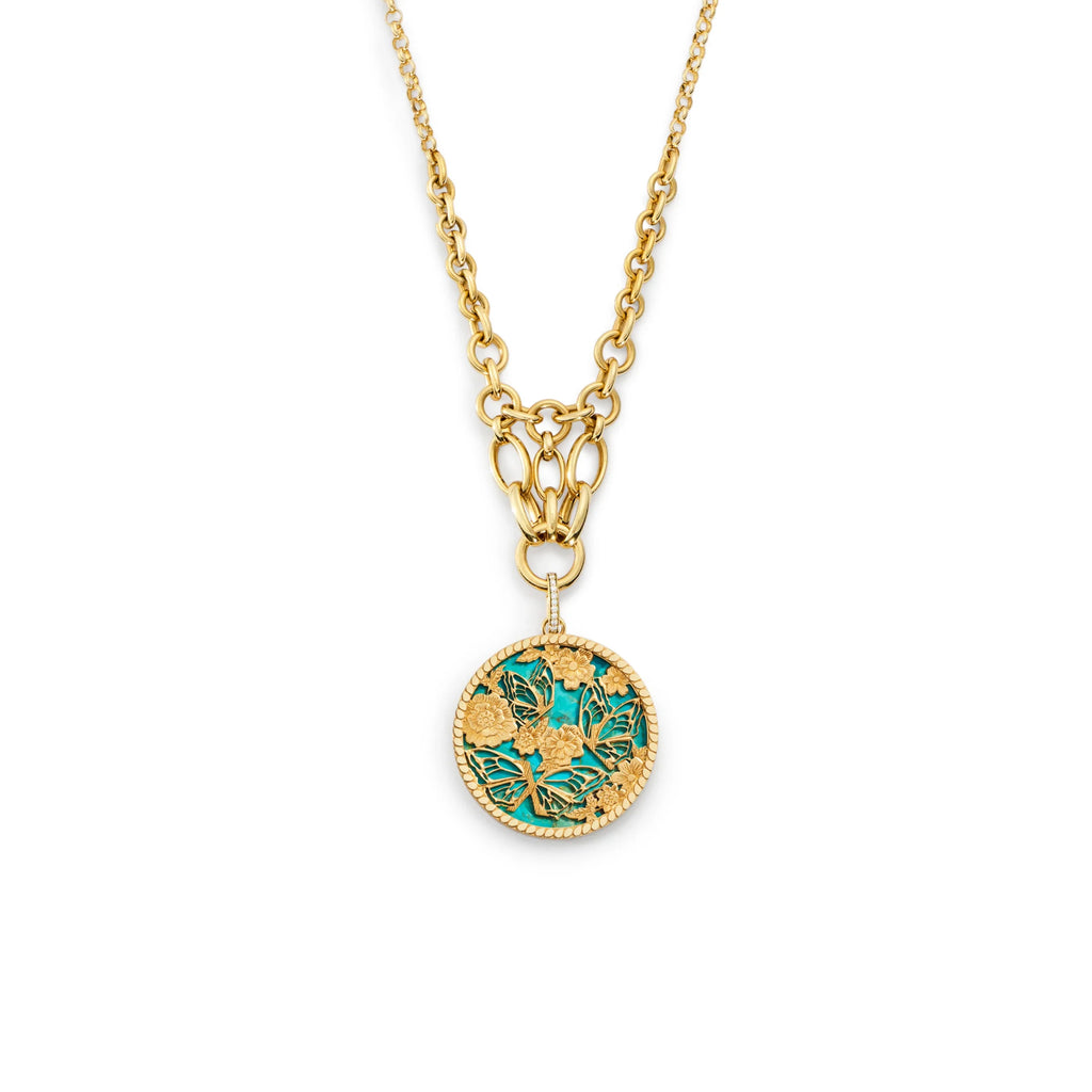 Reverie | Butterfly Screen on Stone Lattice Necklace | Turquoise, Yellow Gold view 1