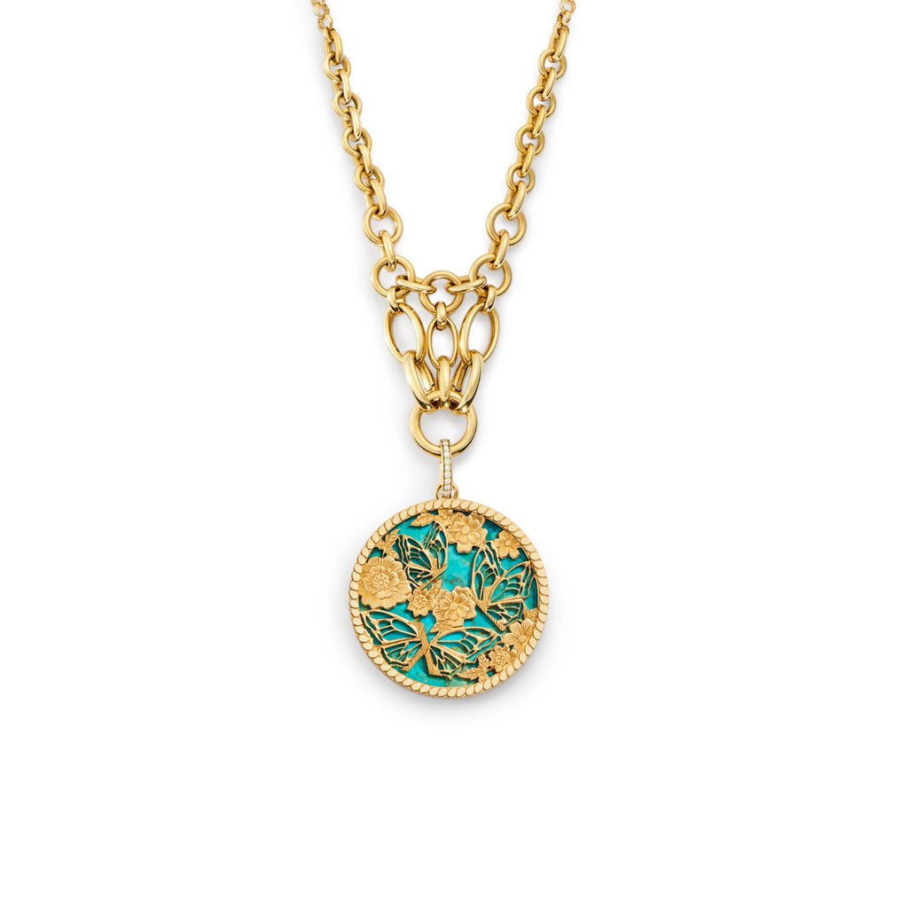 Reverie | Butterfly Screen on Stone Lattice Necklace | Turquoise, Yellow Gold view 1