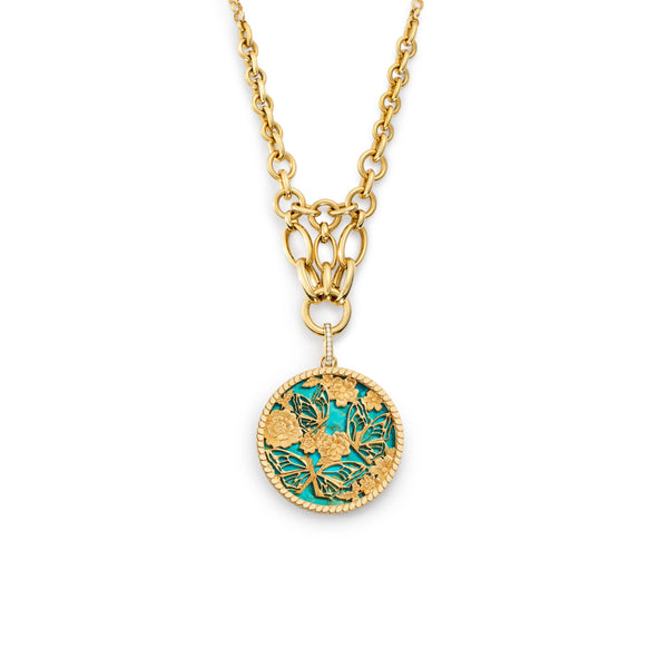 Reverie | Butterfly Screen on Stone Lattice Necklace | Turquoise, Yellow Gold