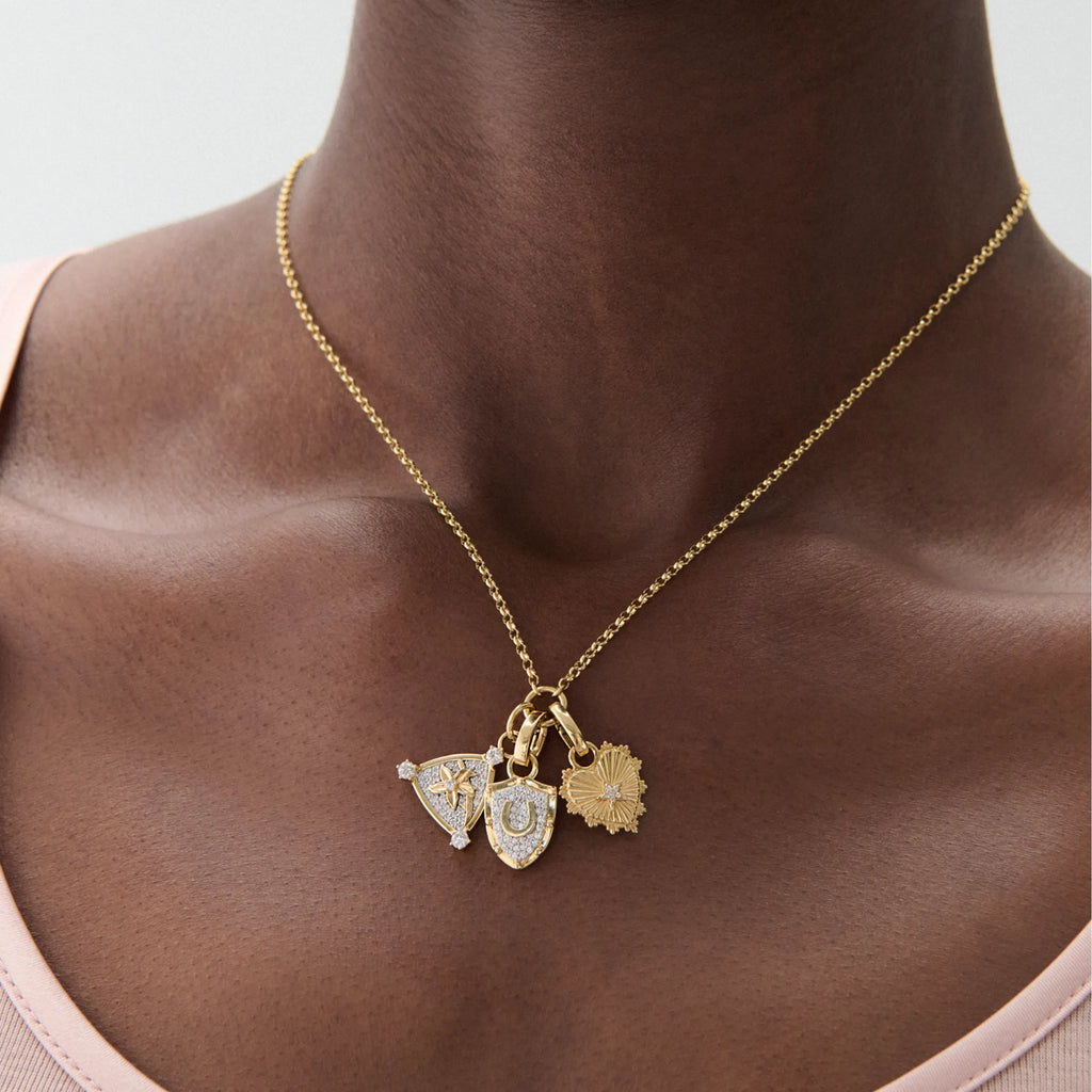 Protection - Resilience | Pavé Horseshoe and Blossom Fine Belcher Necklace | Diamonds, Yellow Gold view 2
