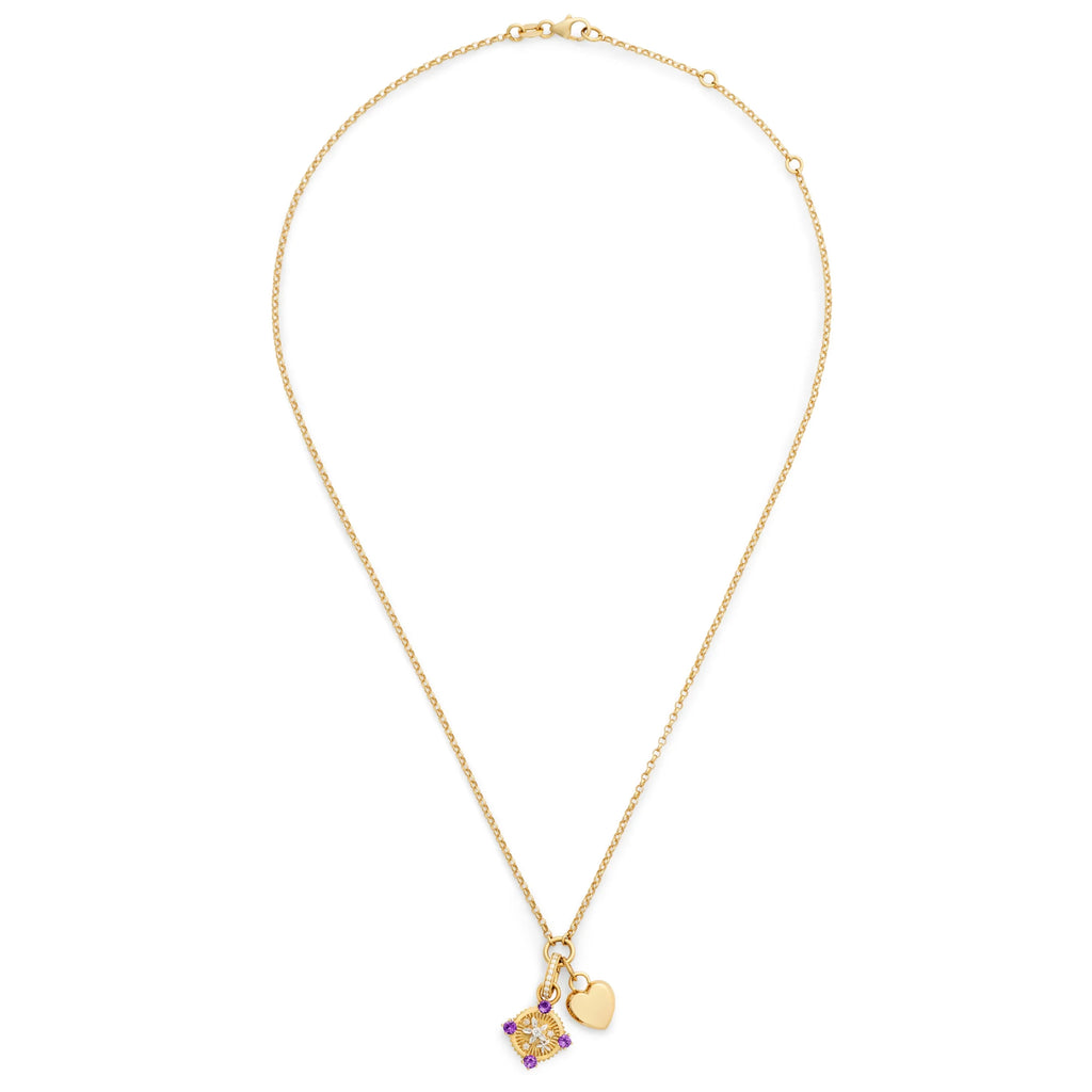 Personalized - Resilience | Blossoms and Engravable Heart Ingot Fine Belcher Necklace | Diamonds, Amethyst, Yellow Gold view 2