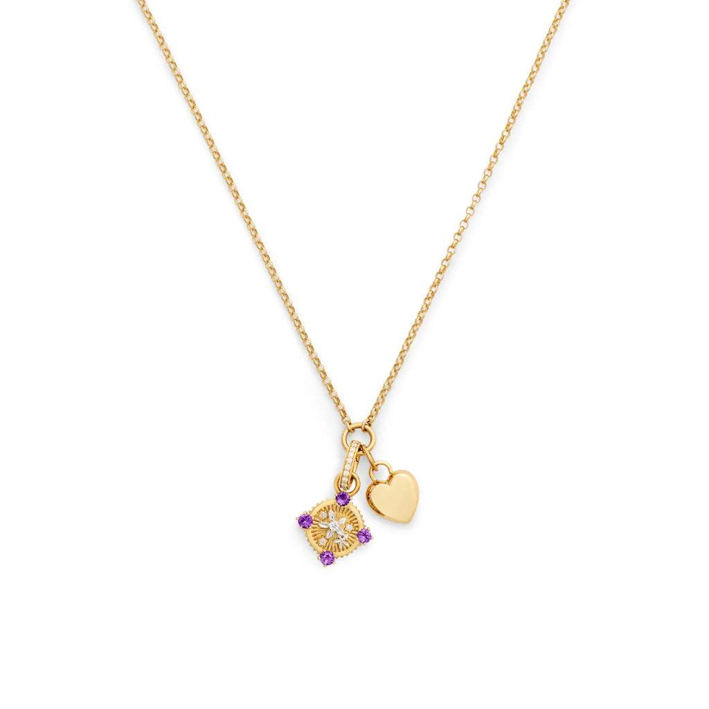 Personalized - Resilience | Blossoms and Engravable Heart Ingot Fine Belcher Necklace | Diamonds, Amethyst, Yellow Gold view 1