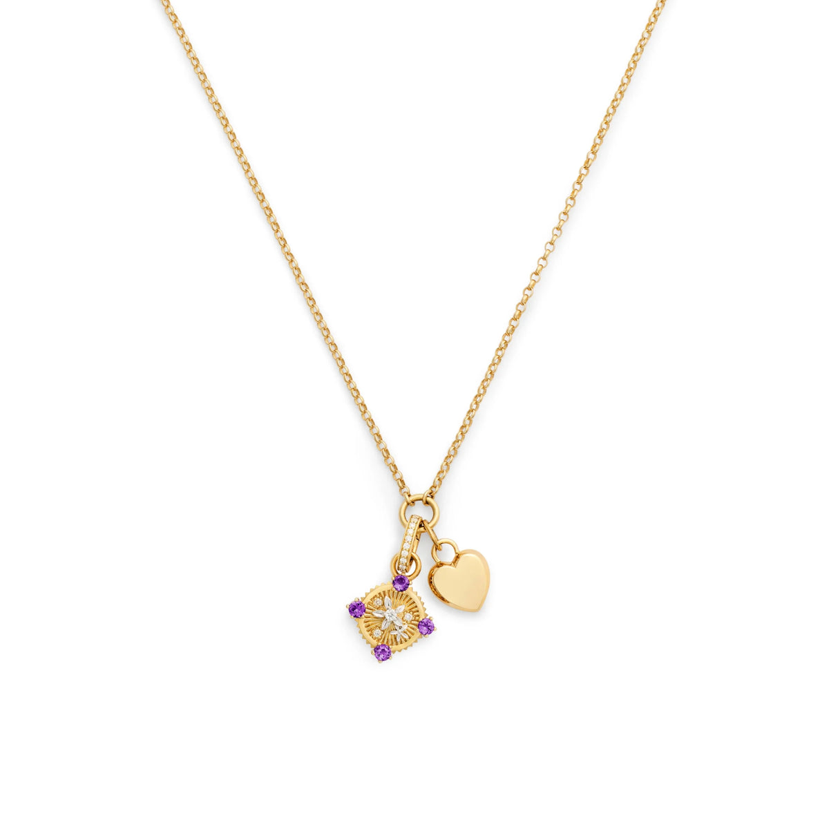 Personalized - Resilience | Blossoms and Engravable Heart Ingot Fine Belcher Necklace | Diamonds, Amethyst, 18K Yellow Gold
