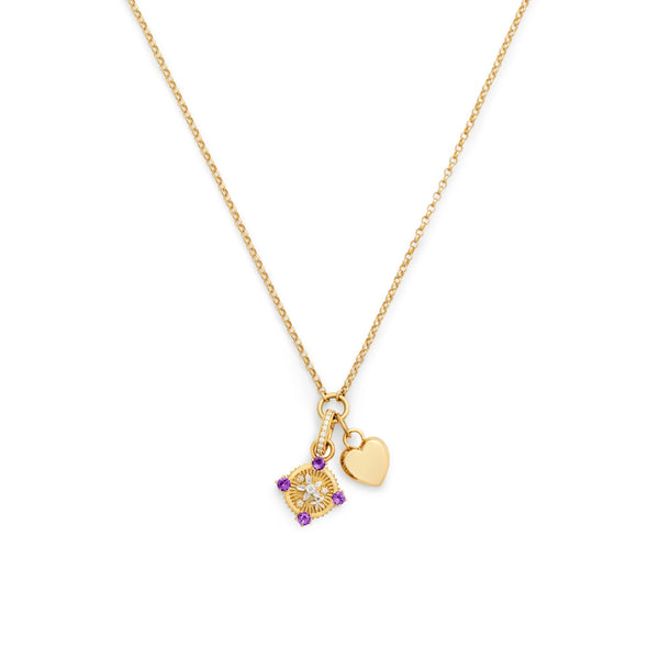 Personalized - Resilience | Blossoms and Engravable Heart Ingot Fine Belcher Necklace | Diamonds, Amethyst, Yellow Gold