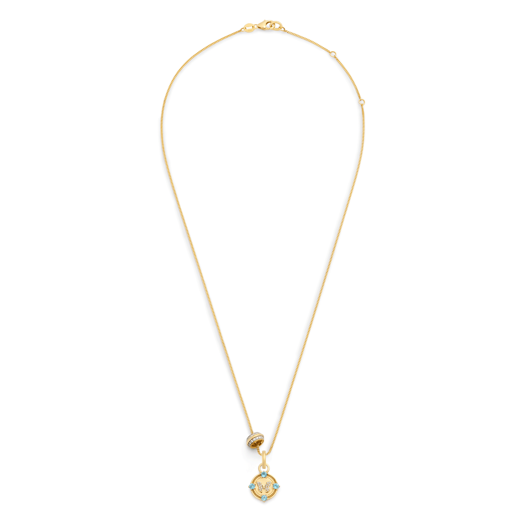 18K Yellow Gold Reverie - True Love | Butterfly and Knife Edge Heart Beat Fine Diamond Cut Curb Necklace | Diamonds, Swiss Blue Topaz, Yellow Gold – FoundRae view 3