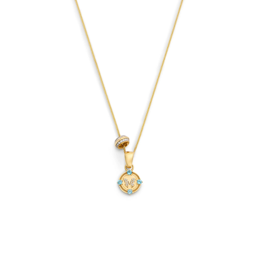 Reverie - True Love | Butterfly and Knife Edge Heart Beat Fine Diamond Cut Curb Necklace | Diamonds, Swiss Blue Topaz, Yellow Gold view 1