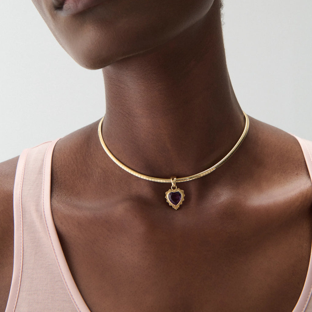 True Love | Gemstone Heart Small Sleek Collar Necklace | Amethyst, Yellow Gold view 2