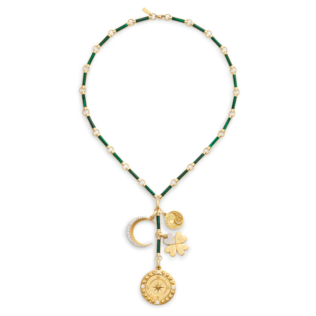 Personalized - Internal Compass | Engravable Four Heart Clover and Crescent Element Extension Necklace | Diamonds, Malachite, Yellow Gold view 2