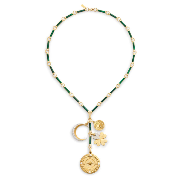 Personalized - Internal Compass | Engravable Four Heart Clover and Crescent Element Extension Necklace | Diamonds, Malachite, Yellow Gold