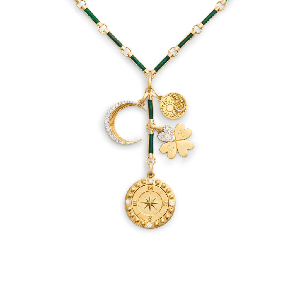 Personalized - Internal Compass | Engravable Four Heart Clover and Crescent Element Extension Necklace | Diamonds, Malachite, Yellow Gold view 1