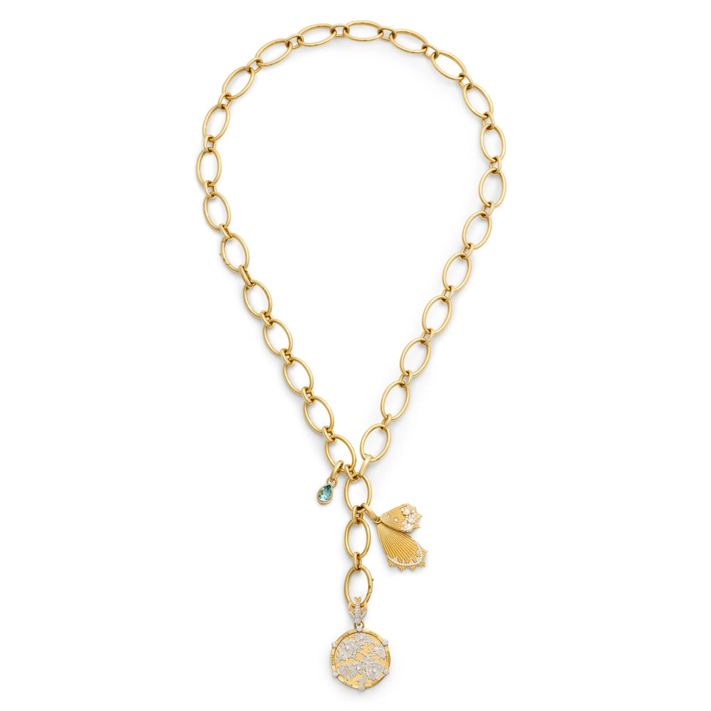 18K Mixed Gold Resilience - Reverie | Floral Screen and Encrusted Butterfly Wings Oval Link Necklace | Diamonds, Aquamarine, Mixed Gold – FoundRae view 3