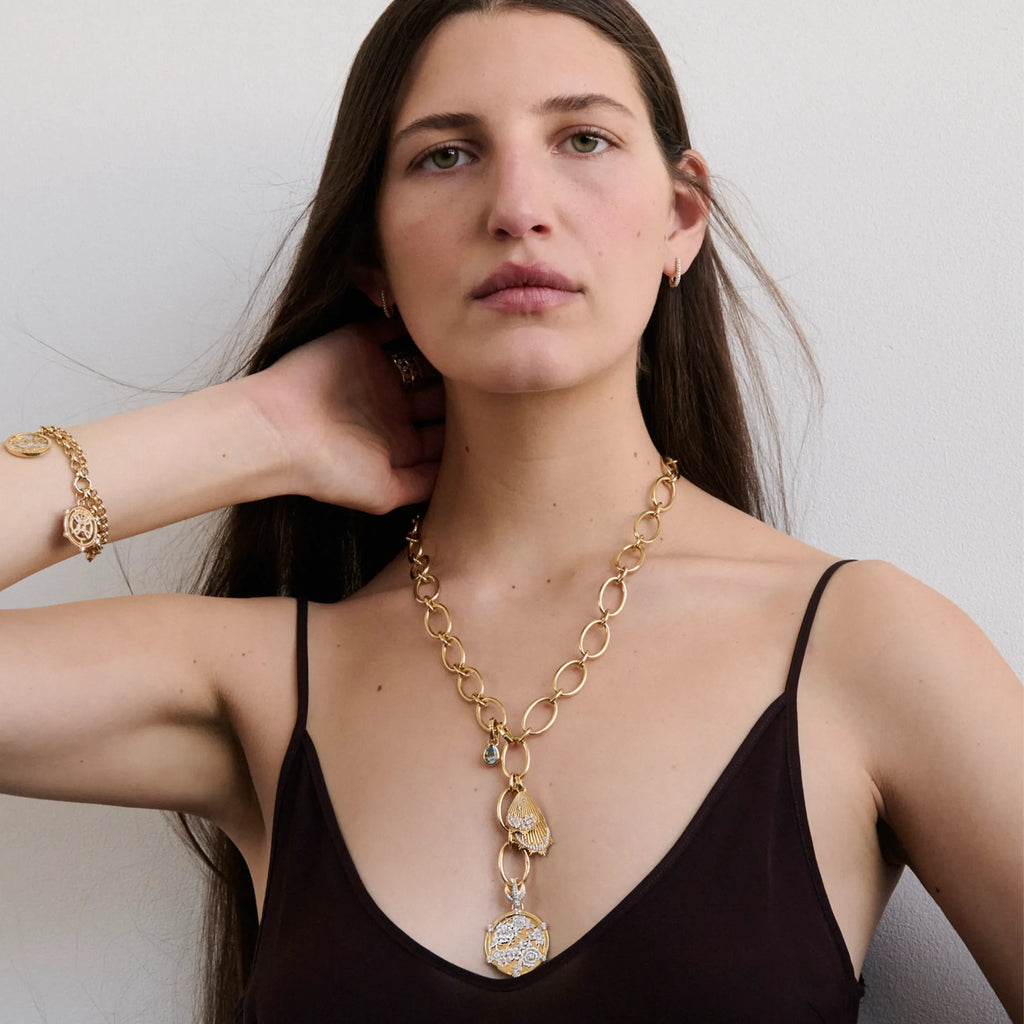 Resilience - Reverie | Floral Screen and Encrusted Butterfly Wings Oval Link Necklace | Diamonds, Aquamarine, Mixed Gold view 2