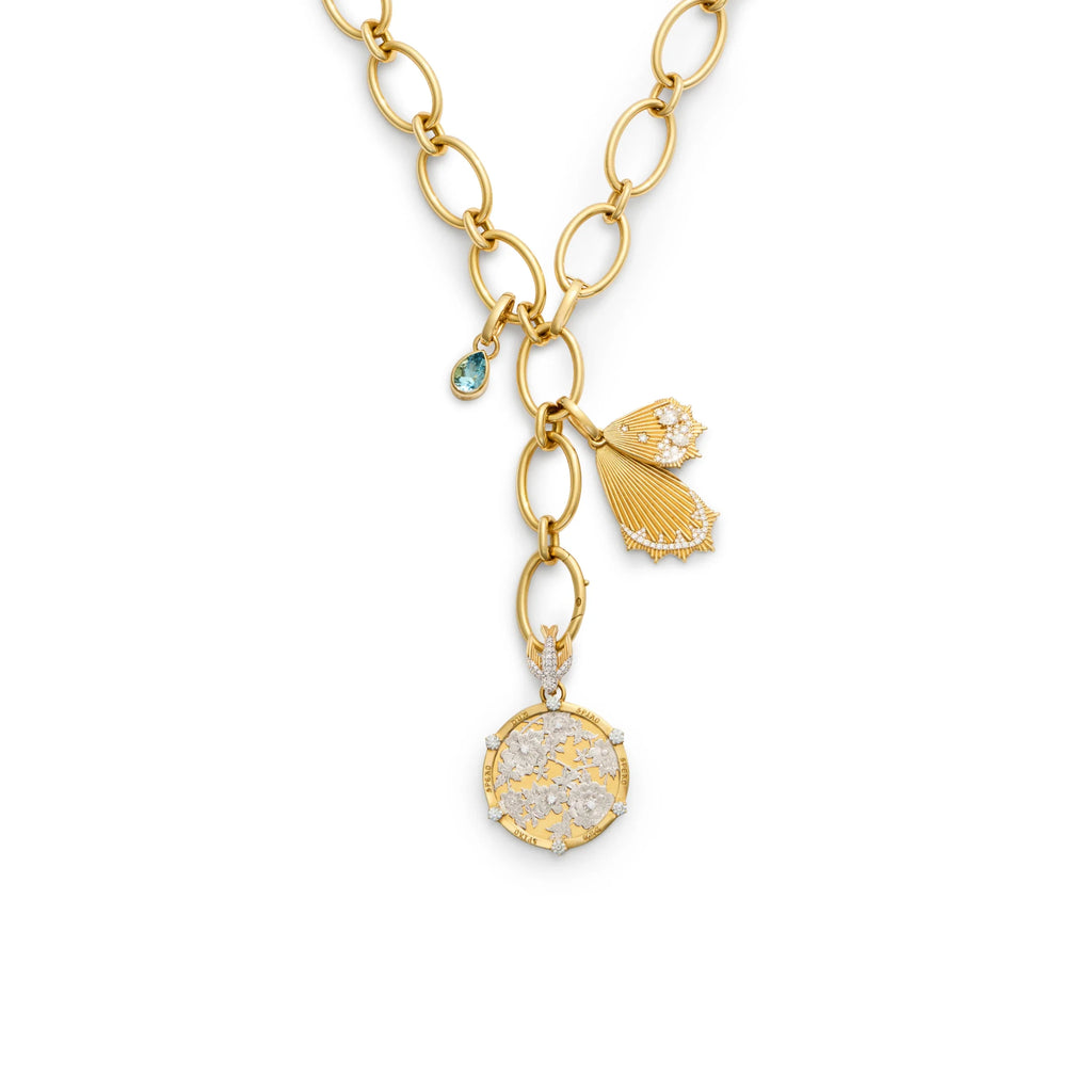 Resilience - Reverie | Floral Screen and Encrusted Butterfly Wings Oval Link Necklace | Diamonds, Aquamarine, Mixed Gold view 1