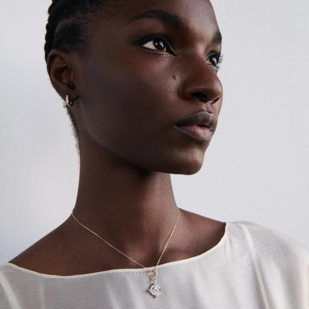 Resilience | Pavé Sparrow Thread Necklace | Diamonds, Swiss Blue Topaz, Yellow Gold view 2