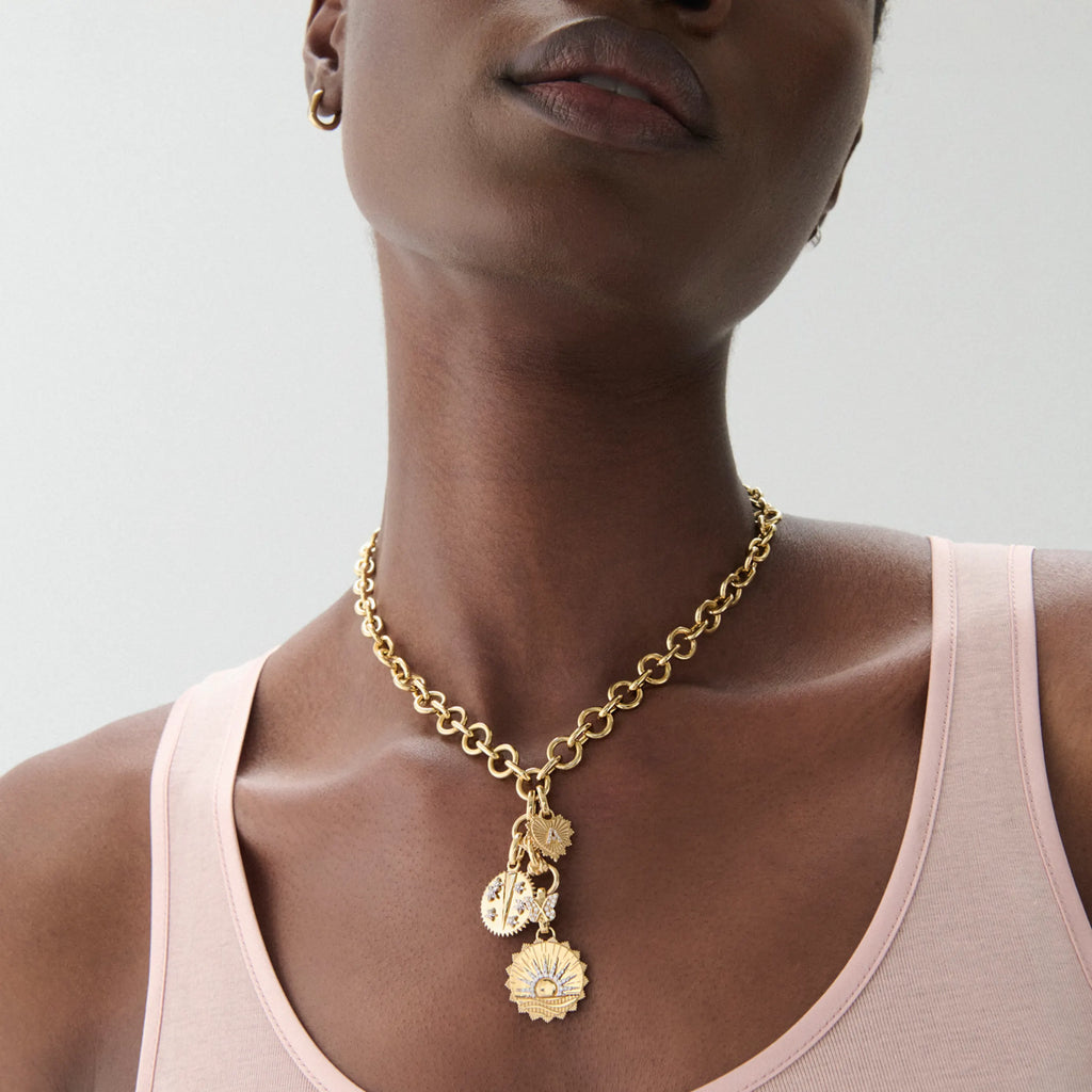 Personalized - Internal Compass | New Beginnings and Initial Heart Love Token Midsized Mixed Link Necklace | Diamonds, Mixed Gold view 2