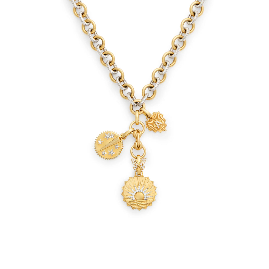 Personalized - Internal Compass | New Beginnings and Initial Heart Love Token Midsized Mixed Link Necklace | Diamonds, Mixed Gold view 1