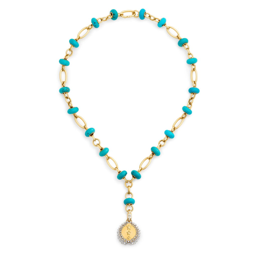 18K Yellow Gold Dream | Per Aspera Ad Astra Orbit Stone Extension Necklace | Diamonds, Turquoise, Yellow Gold – FoundRae view 3