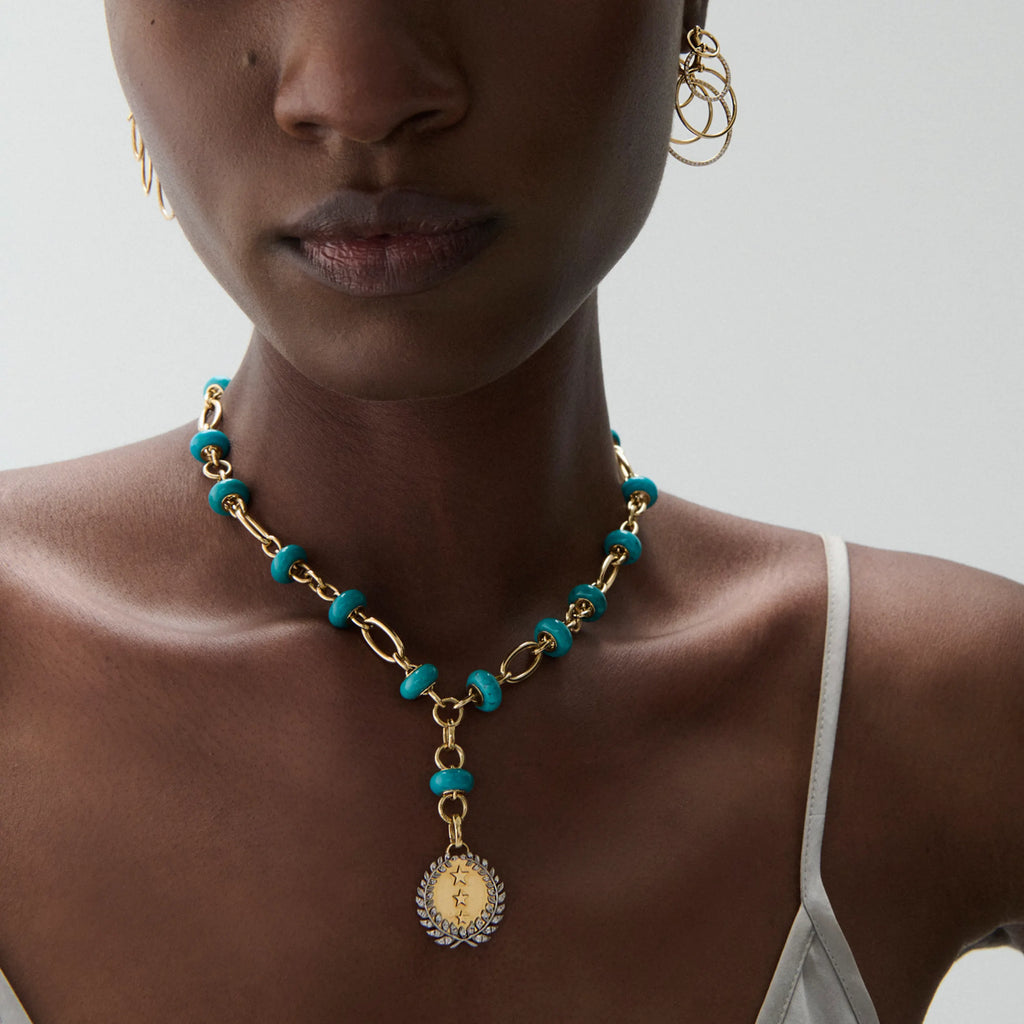 Dream | Per Aspera Ad Astra Orbit Stone Extension Necklace | Diamonds, Turquoise, Yellow Gold view 2