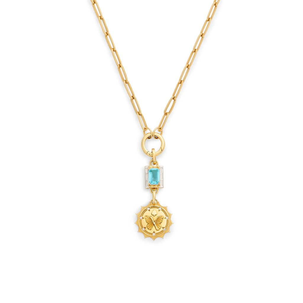 Reverie - True Love | Butterfly and Lovestruck Pierced Cache Link Medium Clip Open Chain | Diamonds, Sky Blue Topaz, Yellow Gold view 1