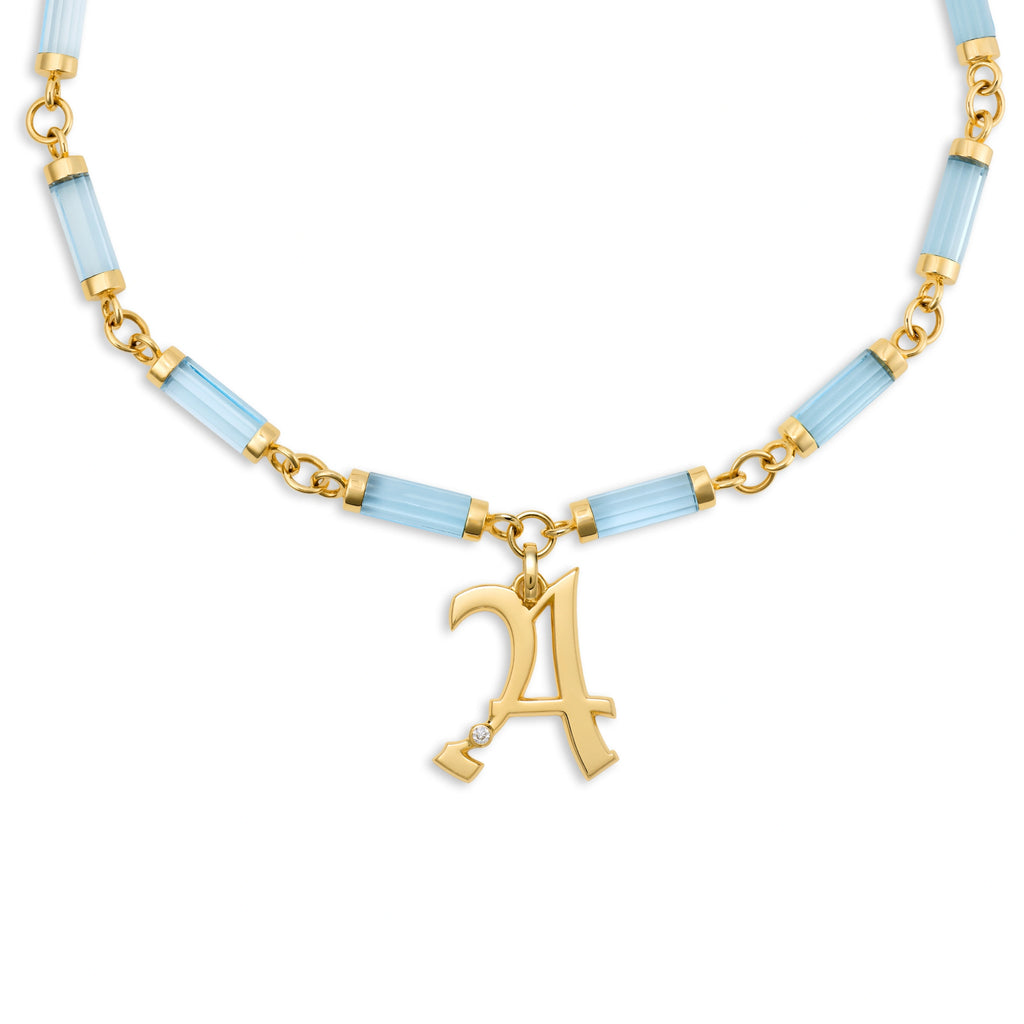 Personalized - Foundation | Engravable Initial Oversized Element Necklace | Diamond, Swiss Blue Topaz, Yellow Gold view 1