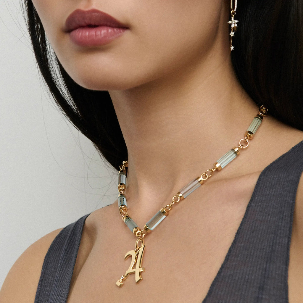 18K Yellow Gold Personalized - Foundation | Engravable Initial Oversized Element Necklace | Diamond, Swiss Blue Topaz, Yellow Gold – FoundRae view 3