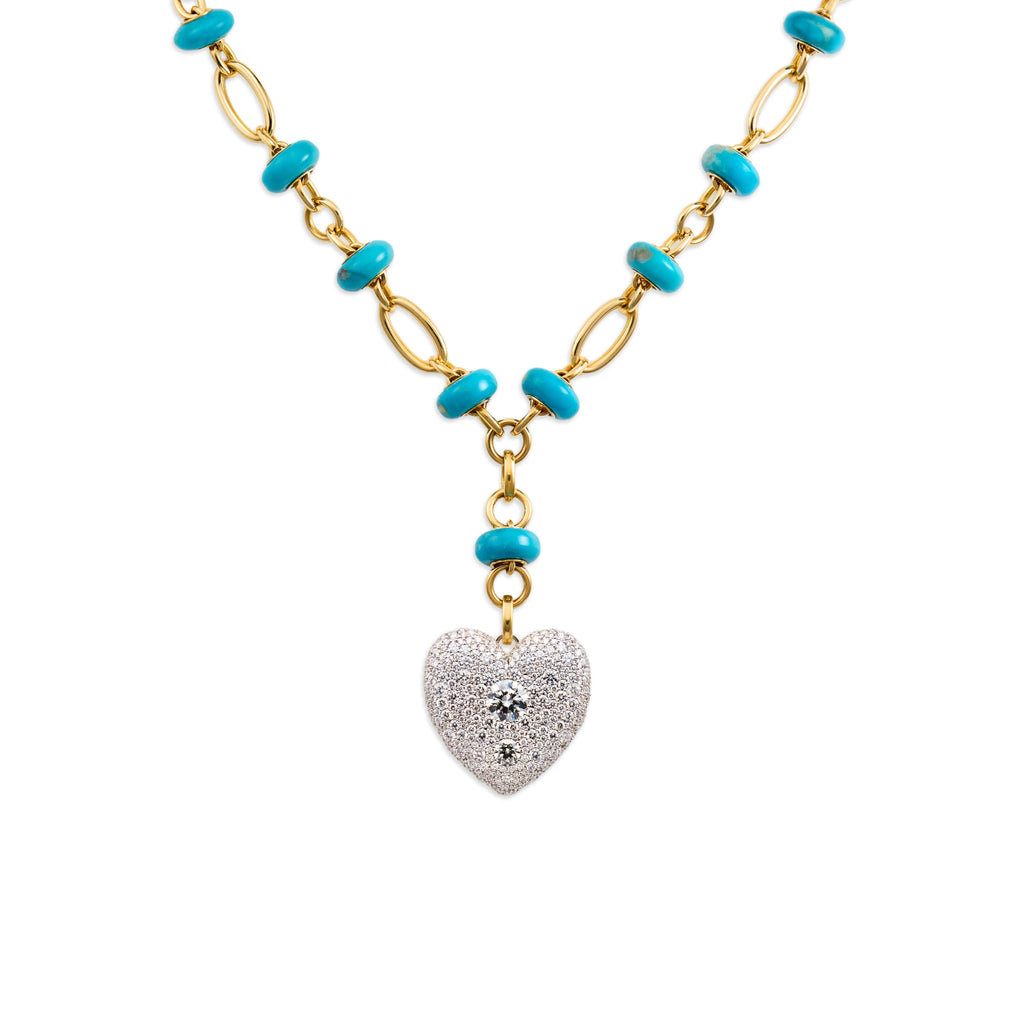 True Love | Snow Pavé Full Heart Orbit Stone Extension Necklace | Diamonds, Turquoise, Mixed Gold view 1