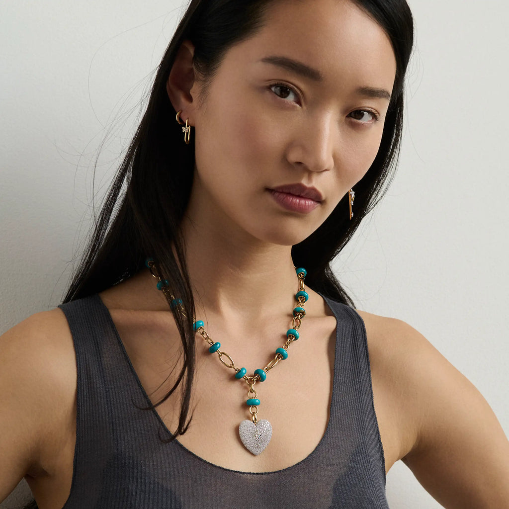 True Love | Snow Pavé Full Heart Orbit Stone Extension Necklace | Diamonds, Turquoise, Mixed Gold view 2