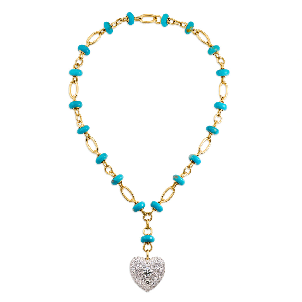 18K Mixed Gold True Love | Snow Pavé Full Heart Orbit Stone Extension Necklace | Diamonds, Turquoise, Mixed Gold – FoundRae view 3