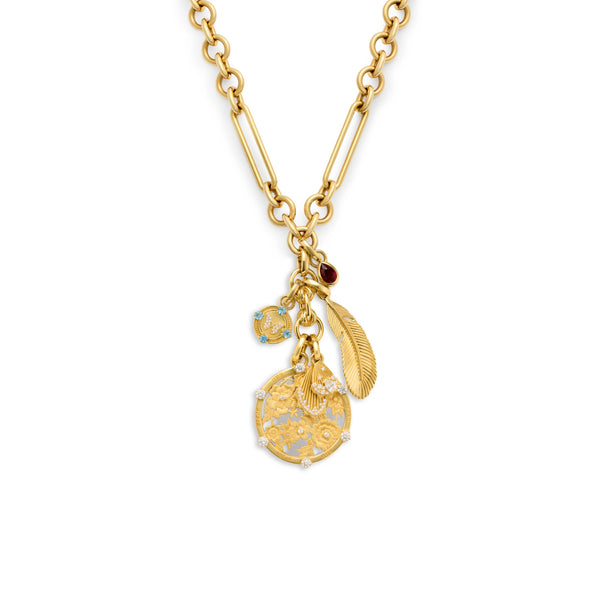 Resilience - Vivacity | Floral Screen and Feather Midsize Mixed Clip Extension Necklace | Multi-Stone, Mixed Gold
